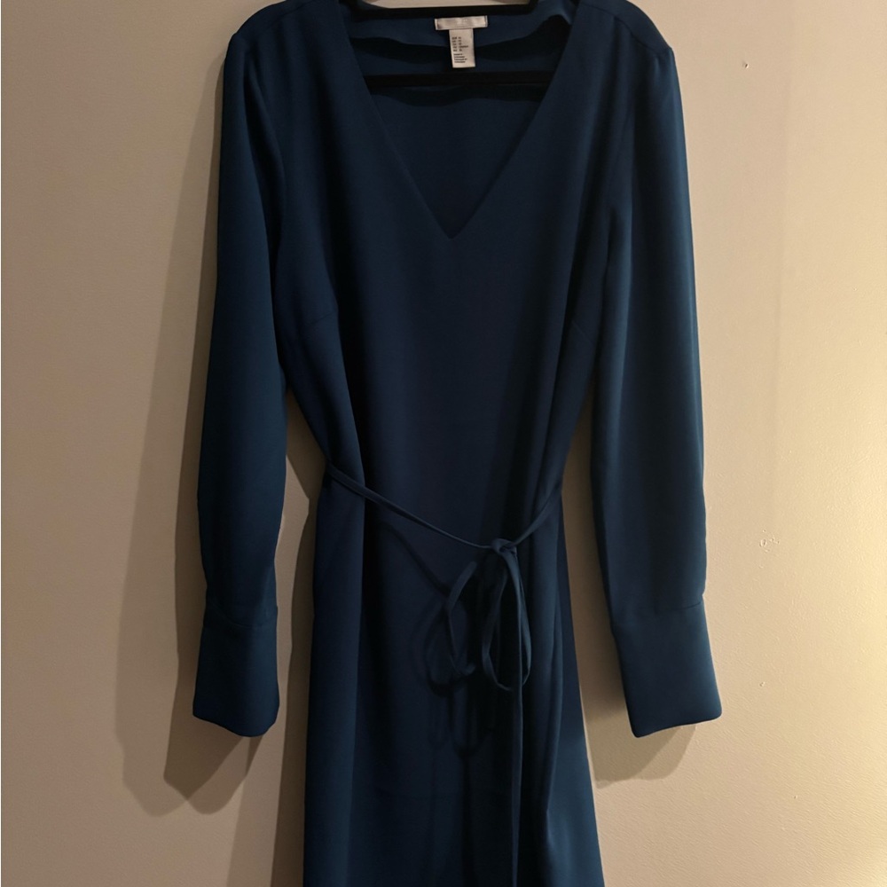 H&M Teal Long Sleeve V-Neck Tie-Waist Dress